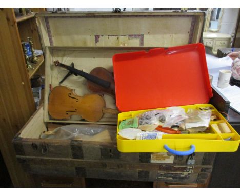Violin repair tools and the component parts of violins, veneer and a pine framed chest