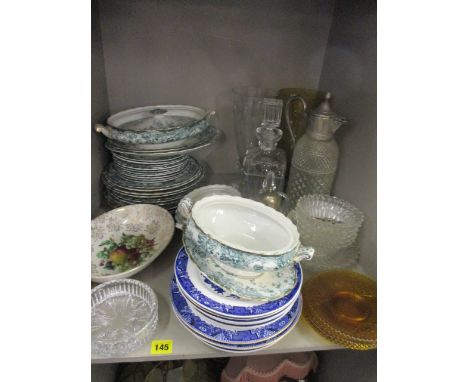 Mixed glassware and early 20th century china tableware, together with two decanter labels