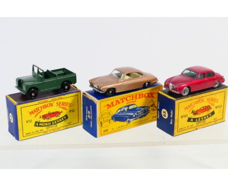 Matchbox - 3 x boxed models, a Land Rover with 24 tread black plastic wheels, Jaguar MK X # 28 with painted engine bay and Ja