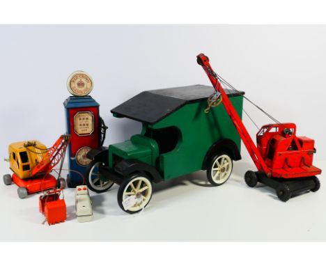 Tri-ang - Others - Two vintage tinplate / pressed steel model cranes with a scratch built wooden model van and ornamental 'ga