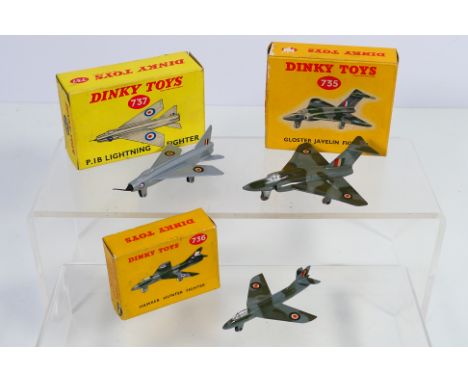 Dinky Toys - A squadron of three boxed Dinky Toys model aircraft. Lot comprises of #737 P.IB Lightning; #736 Hawker Hunter Fi