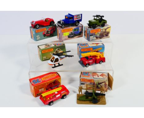 Matchbox - Superfast - A group of boxed models including Snorkel Fire Engine # 13, Ford Model A Van # 38, Jaguar SS100 # 47 a