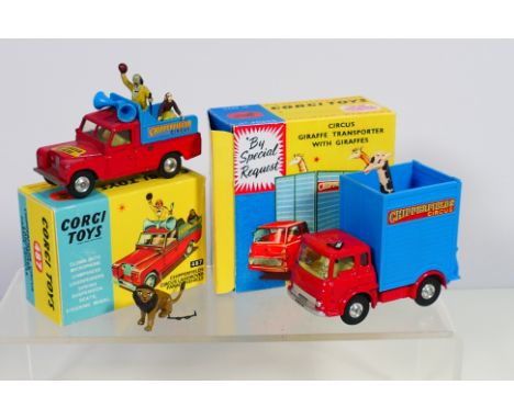 Corgi - A Chipperfields Circus Bedford TK Giraffe Transporter # 503 and a Land Rover Parade Vehicle # 487. The models appear 