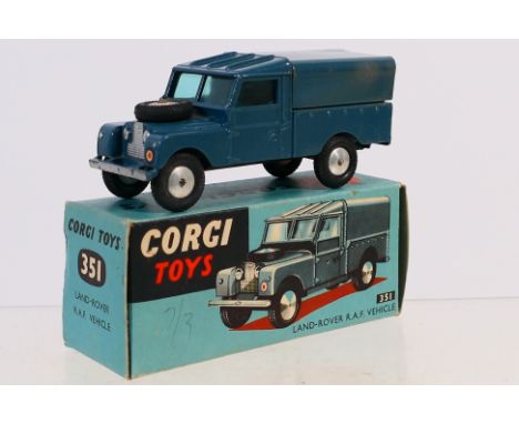 Corgi - A boxed RAF Land Rover # 351. The model appears in Very Good condition with a few minor marks mostly on the front bum