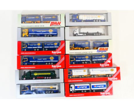 Herpa - AMW - 12 boxed HO/1:87 scale plastic model trucks. Lot includes Herpa Mercedes Benz Actros 'Pepsi'; Herpa Scania curt