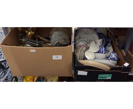 Assorted metalware including copper kettle, brass paraffin lamp with shade, Duchess bone china part tea service, 'Willow' pat