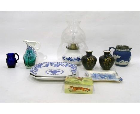 Pair of Royal Porzellan Bavaria vases, a blue glass jug, a Caithness vase, an oil lamp and other decorative ceramics (11)    