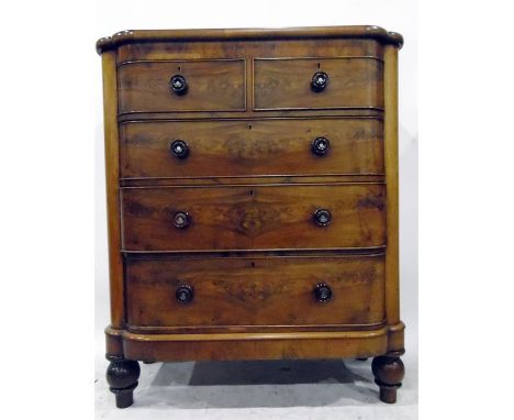 Victorian walnut veneered semi-bowfronted chest of two short and three long drawers, each with turned handles inset mother-of