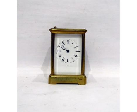 19th century brass carriage clock with gong striking movement, case engraved 'L.R.The Second Cripplegate won by R A Sanderson