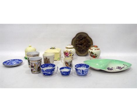 Crown Devon honey and bee trinket pot, a Fortnum & Mason honey pot, commemorative ware, blue and white teacups, ginger jars a