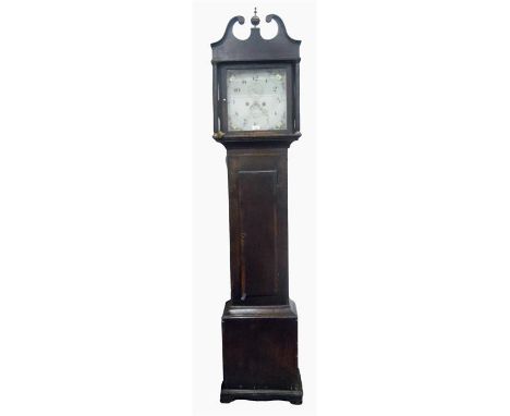 19th century oak longcase clock with eight-day movement, broken swan neck pediment with brass central finial and hood flanked