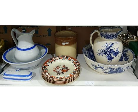 Staffordshire stoneware ewer and basin, white ground with blue floral decoration, Victorian soup bowls, another ewer and basi