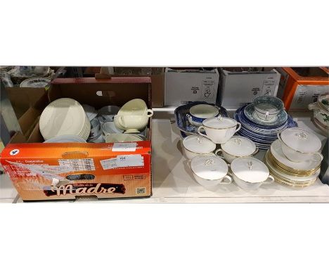 Six lidded soup bowls, matching saucers and six plates by Thomas Goode & Co, white ground with gilt rims, Wedgwood soup bowls