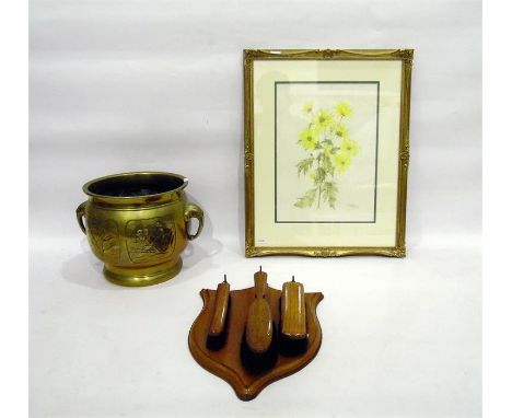 Hall wooden fitted clothes brush set on a wood shaped shield, a brass coal box and a framed print, floral study    