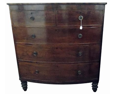 Victorian bowfront chest of two short and three long graduated drawers, with brass ring handles, on turned supports, 117cm wi