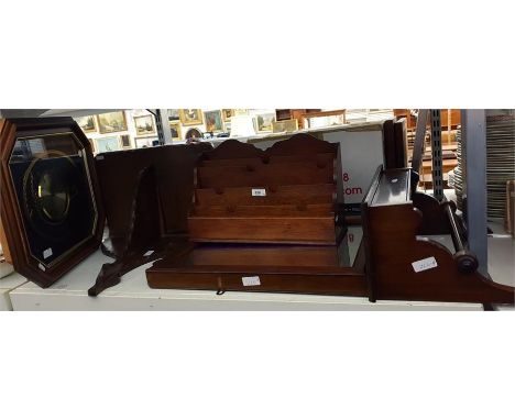 Wooden letter rack, a wood-framed cloakroom mirror with box and rail for towel, a shelf unit and a wood-framed wall clock fit