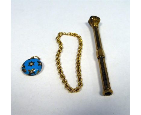 9ct gold chain bracelet, 5g in total, a turquoise enamel circular fob (damaged) and a gold-coloured propelling pencil   