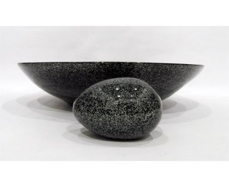 Large circular studio pottery bowl, faux-marble glazed and a matching ceramic egg, 49.5cm wide   