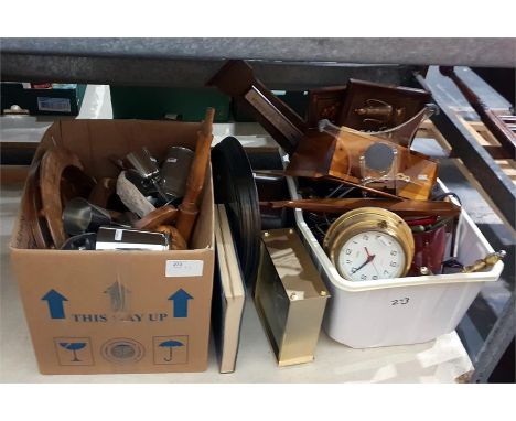 Large quantity of various collectables, treen, modern barometer, clock, carved wooden items, etc and a book on Wedgwood   