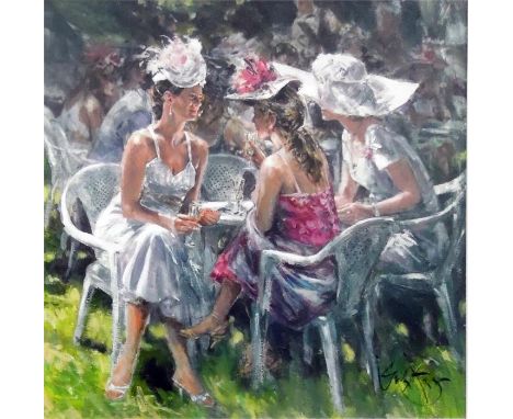 After Gordon King  Limited edition varnished photo lithograph  "A Day at the Races", ladies drinking champagne, entitled vers