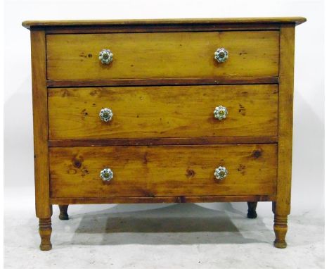 Late 19th/early 20th century pine chest of three drawers, each with ceramic knob handles, 91cm wide   