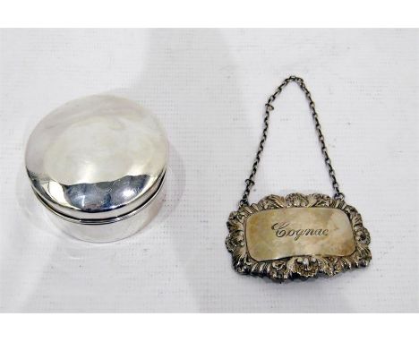 Silver cognac label, dated to reverse 20/7/82 and a silver circular trinket box, 44g in total   
