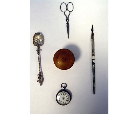 Silver fob watch with enamel dial, pair of scissors, a silver-coloured spoon with figure finial with holding anchor, a turned