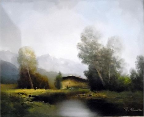Oil on canvas  Continental mountainous scene with river in the foreground, signed lower right 'K Sil... Short'(?), with Bellm