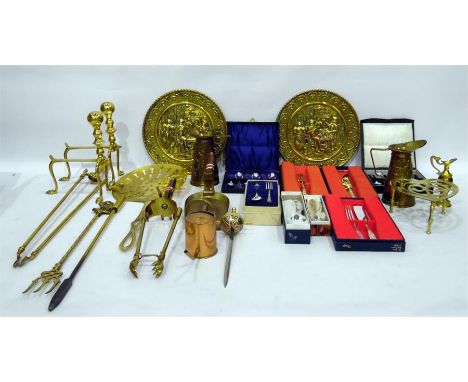 Quantity of cased flatware and assorted metalware including fire tools (2 boxes)   