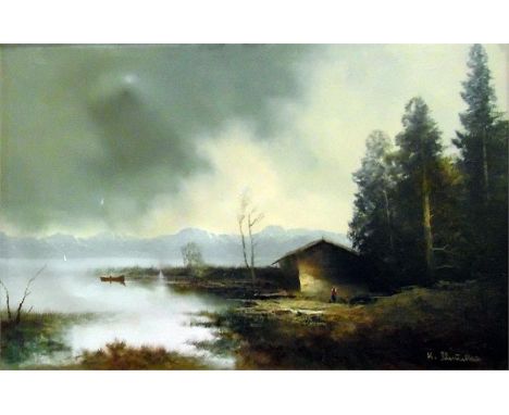 Oil on canvas Continental lake scene, mountains in the background, barn and figure on the right, rowing boat setting off from