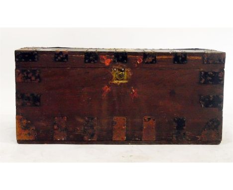 Old cane panelled stool on turned supports and an old wooden trunk (2) 