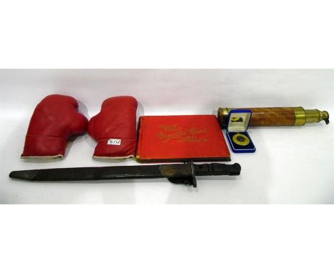 Pair of 6oz boxing gloves, a telescope, a bayonet, a Wills cigarette album and a medallion 'Thank You from UK Blind Bowlers, 