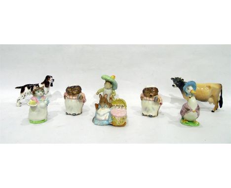 Collection of Beatrix Potter figures to include Mrs Tiggywinkle, Jemima Puddleduck and others, a Beswick model cow and a Roya