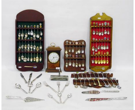 Quantity of community plate decorative table flatware, a collection of souvenir spoons and a Knight Gibbins mantel type clock