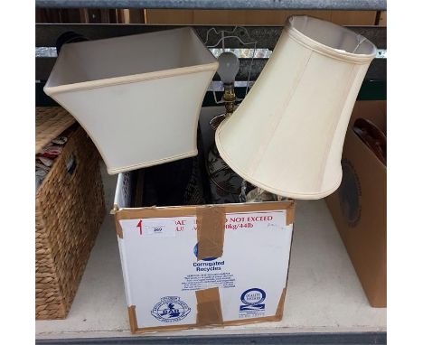 Ceramic table lamp, another table lamp, a small rug, a map and lampshades, etc (1 box)   