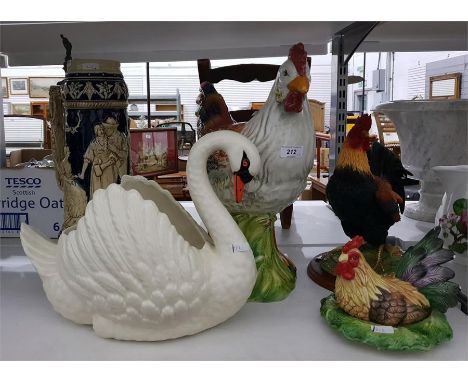 Large ceramic cockerel, a Dartmouth Devon ceramic vase modelled as a swan, a large oversized stein and two other items (5)   