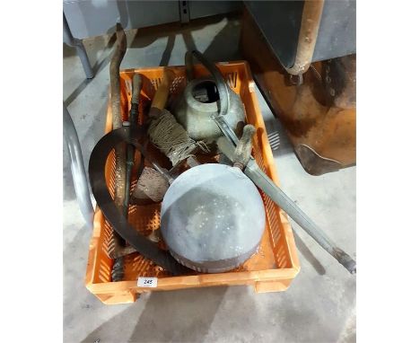 Vintage tools including a sickle, a metal wooden-handled feed bowl, watering can, etc (1 box)   