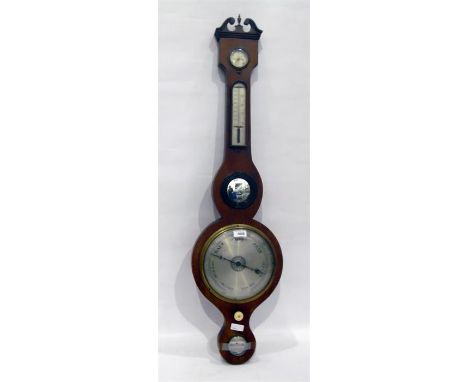 19th century mahogany wheel barometer with swan neck pediment over silver backed apertures, with central mirror roundel, 94cm