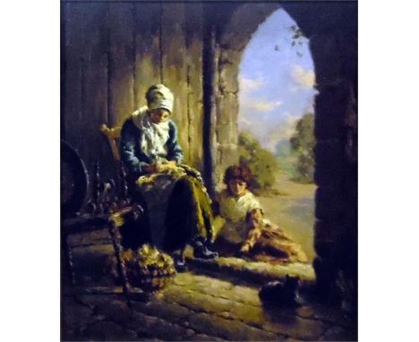 R ForsythOil on boardCottage interior, lady with spinning wheel and boy, signed lower left, 29cm wide x 33cm high approx. 
