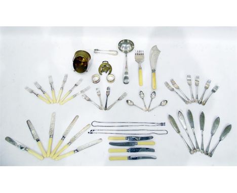 Silver plated fish knives and forks, large ladle, fish servers, set of bone-handled fruit knives and forks and other items (1