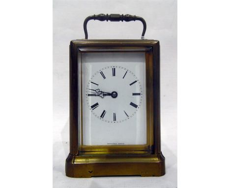 19th century brass carriage clock by Berrolla, Paris, brass moulded case, enamel dial, quarter striking movement 
