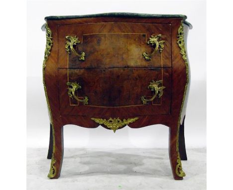 French style bombe commode of two short drawers with green marbled top, rococo scroll handles and mounts, on cabriole support