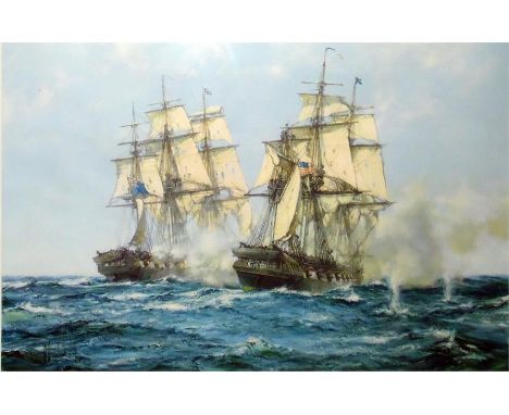 After Montague Dawson Colour print  "The Action between Java and Constitution, December 1812", fighting ships, signed in penc