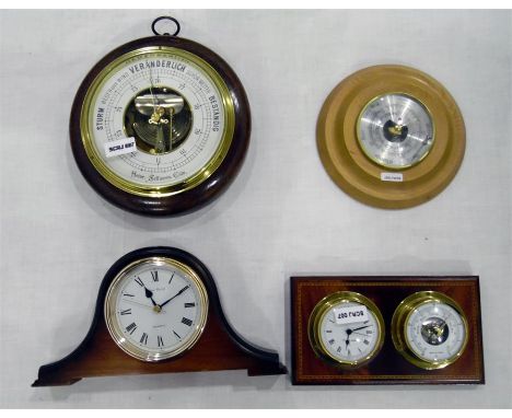 Two circular barometers, a barometer/clock combo and a quartz mantel clock (4)  