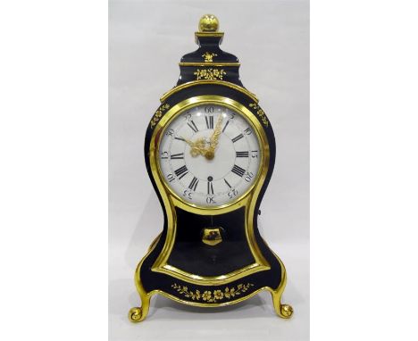 Early 20th century Zenith bracket clock, black patent heightened in gilt, having stepped pediment for finial, on cabriole sup