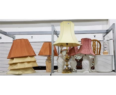 Various table lamps including matched pair of white ceramic lamps, another matched pair, various lamp shades and a large whit