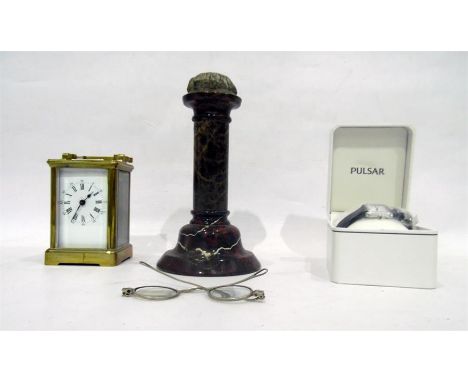 19th century brass carriage clock with enamel dial, a polished stone column (possibly wig stand), a pair of old silver-colour