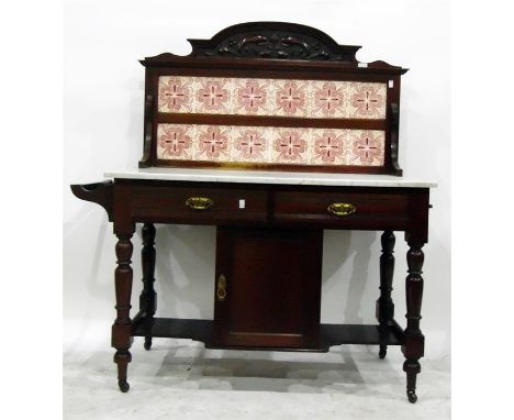 Late 19th century marble-top washstand with floral tile back, two frieze drawers with pot cupboard and open shelves below, on
