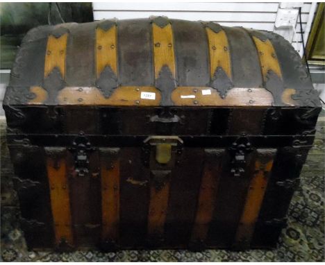 19th century leather and metal dome topped trunk, labelled inside 'L J Duffy ... New Orleans', fitted compartments, 82cm wide