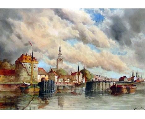 L Van Staaten Watercolour "Veere Harbour", signed lower right, 39cm x 60cm   